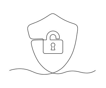 Shield with padlock and key hole, continuous one line drawing. Security and Stock Illustration