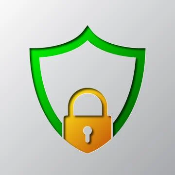 A shield with padlock is cut from paper. Vector illustration Stock Illustration