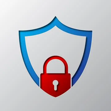 A shield with padlock is cut from paper. Vector illustration Stock Illustration