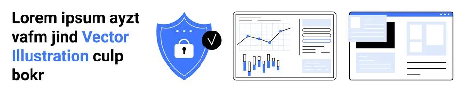 Shield with padlock, graphs with data points, website layout with blocks. Ide Stock Illustration