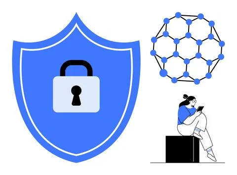 Shield with a padlock, network nodes structure, and a person sitting on a cub Illustrazione stock