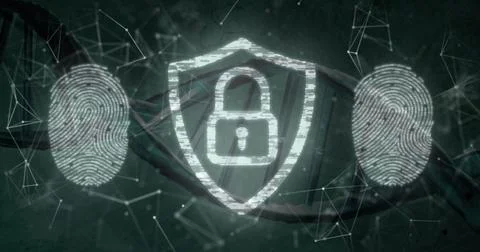 Shield padlock pulsing from data pulse, scanning DNA and fingerprints, boosting Stockillustratie
