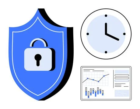 Shield with padlock for security, clock representing time, and data chart for Stock Illustration