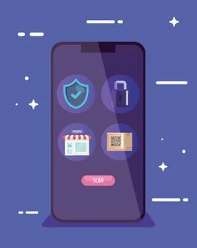 Shield padlock store and qr code inside smartphone vector design Illustrazione stock