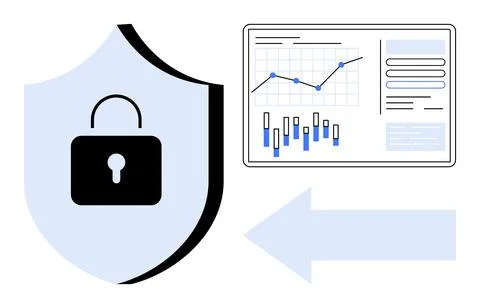 Shield with padlock symbol beside data analytics dashboard and arrow pointi.. Stock Illustration