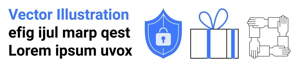 Shield with padlock symbolizes security. Gift box represents giving. Joined h Stock Illustration