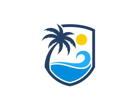 Shield with palm tree and beautiful wave in beach Illustrazione stock