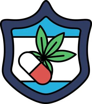 A shield with a pill and a leaf on it Stock Illustration