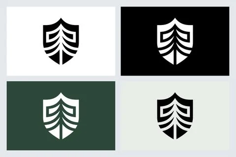 Shield with Pine Tree Logo Design Set Stock Illustration