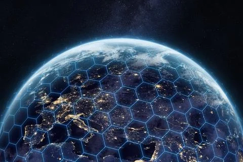 Shield of planet Earth. Global network connection. Europe at night. Foto stock