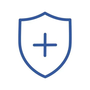 Shield plus icon. Blue shield icon with a plus sign inside. Represents prot.. Stock Illustration