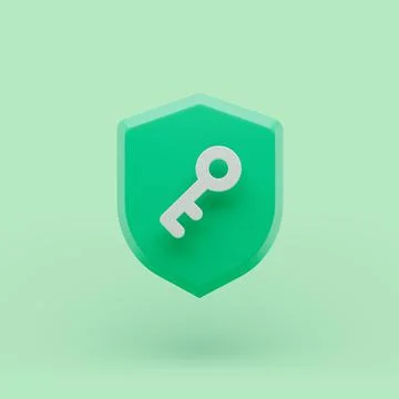 Shield protected icon with key simple 3d illustration on pastel abstract back Stock Illustration