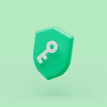 Shield protected icon with key simple 3d illustration on pastel abstract back Illustrazione stock