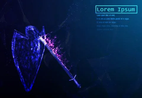 The shield protects from damage to the sword consisting of polygons. The conc Illustrazione stock