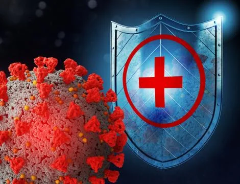 Shield protects from viruses attack. Concept of stop pandemic of covid 19 crown Stock Illustration