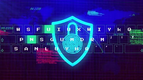 Shield pulsing and emitting pulse, keyboard fading in as keys lighting and Stock Footage 328584734