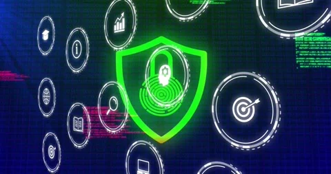 Shield pulsing, left icons emerging, causing orbiting badges, centering book, Stock Footage 329505852