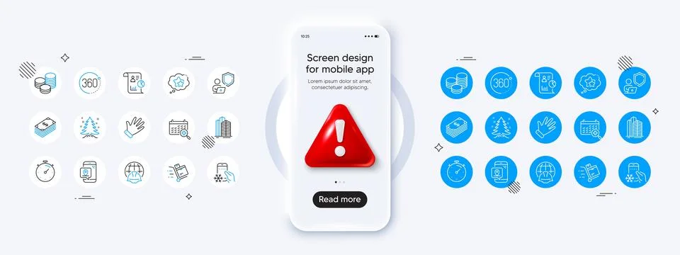 Shield, Report and Timer line icons. For web app, printing. Phone mockup with 3d Illustrazione stock