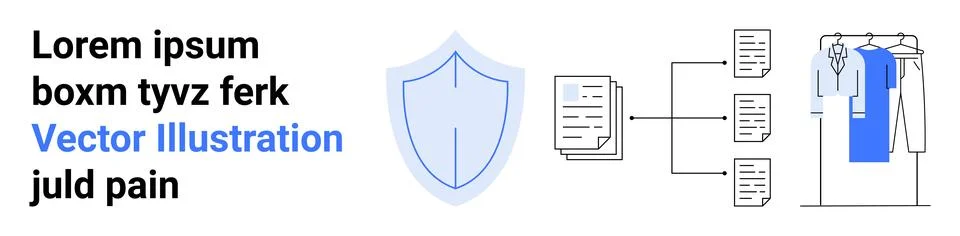 Shield representing data protection, document flowchart indicating informatio イラスト素材