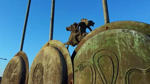 Shield reveal Alexander the Great statue nea paralia Thessaloniki 4k Stock Footage 333530982