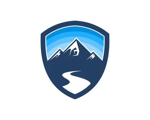 Shield with road to mountain and clear sky Stock Illustration