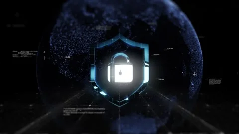 Shield security lock on Technologic Earth surrounded by a Network of Graphic Stock Footage 343337288