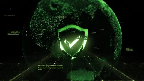 Shield security Logo on Technologic Earth surrounded by a Network of Graphic Stock Footage 343337354