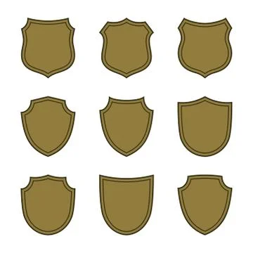 Shield shape bronze icons set. Simple flat logo on white background. Symbol o Illustrazione stock