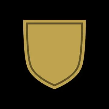 Shield shape gold icon. Simple flat logo on black background. Symbol of secur Stock Illustration