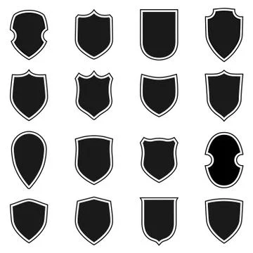 Shield shape icons set. Black label signs. Symbol of protection, Stock Illustration