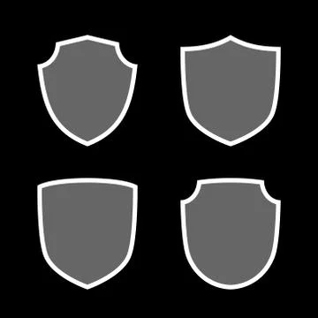 Shield shape icons set. Gray label sign, isolated on black. Symbol of protect Stock Illustration