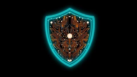 Shield-shaped emblem with circuit-like patterns, glowing in orange and teal.. Stock Illustration