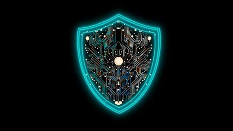 Shield-shaped emblem with circuit-like patterns, glowing in multi color. te.. Foto stock