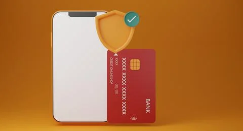 Shield with Smartphone blank display and Credit card.secure credit card trans Stock Illustration