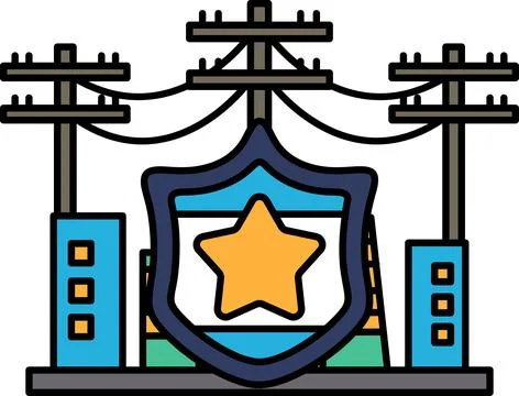 A shield with a star on it is shown above a cityscape Ilustração Stock