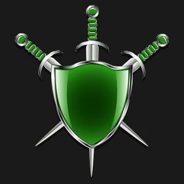 Shield with swords. Metal shield and three swords. Stock Illustration