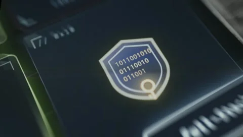 Shield symbol containing binary code representing Crypto Shield Video stock 335465250