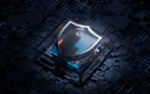 Shield with technological circuit background, 3d rendering. Stock-Illustration