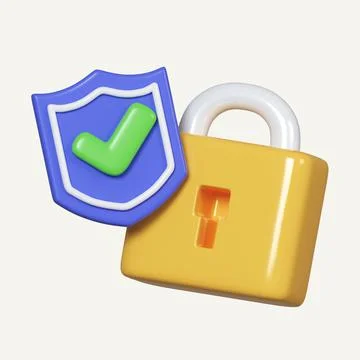 Shield with tick and padlock 3d render. security and safety concept. Protection 스톡 일러스트