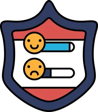 A shield with two faces on it, one with a frown and the other with a smile Stock Illustration