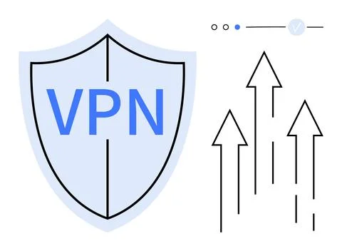 Shield with VPN text, interface elements, and upward arrows. Ideal for cybers Stock Illustration