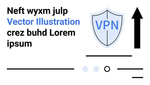 Shield with VPN text, large upward arrow, and random text elements. Ideal for Illustrazione stock