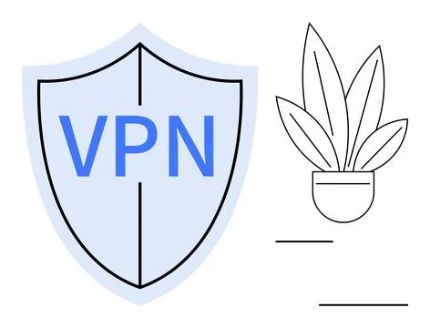 Shield with VPN text next to plant in pot, emphasizing cybersecurity and on.. Stock Illustration