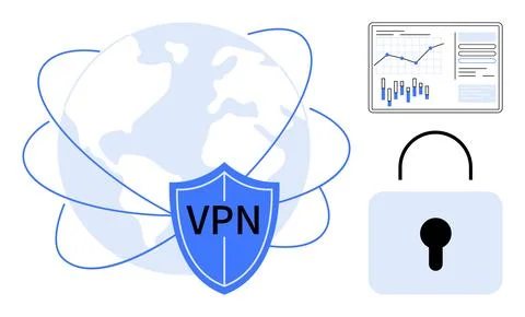 Shield with VPN text over globe, secure data analysis chart, and padlock symb Stock Illustration