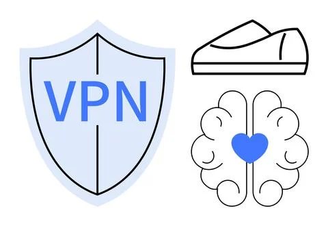 Shield with VPN text for security, sneaker for fitness, and brain with a hear Illustrazione stock