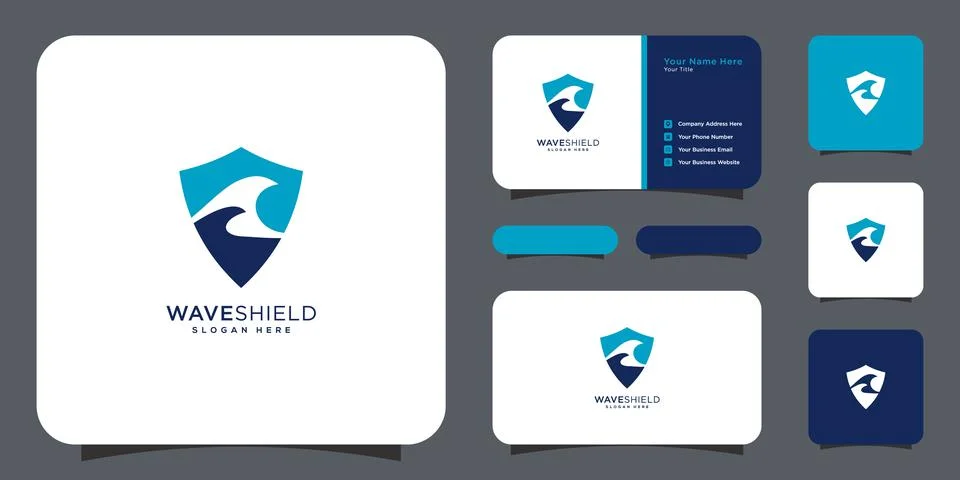 Shield wave logo design vector line style and business card Stock Illustration