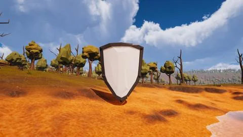 A shield with a white background in the center of a virtual scenery represe.. イラスト素材