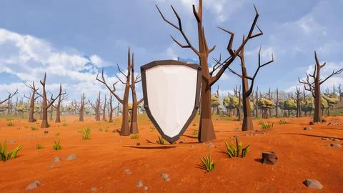 A shield with a white background in the center of a virtual scenery represe.. Stock Illustration