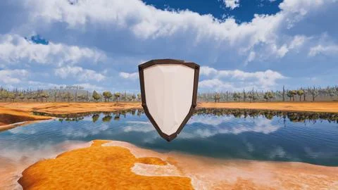 A shield with a white background in the center of a virtual scenery represe.. Illustrazione stock