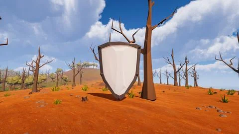 A shield with a white background in the center of a virtual scenery represe.. Illustrazione stock